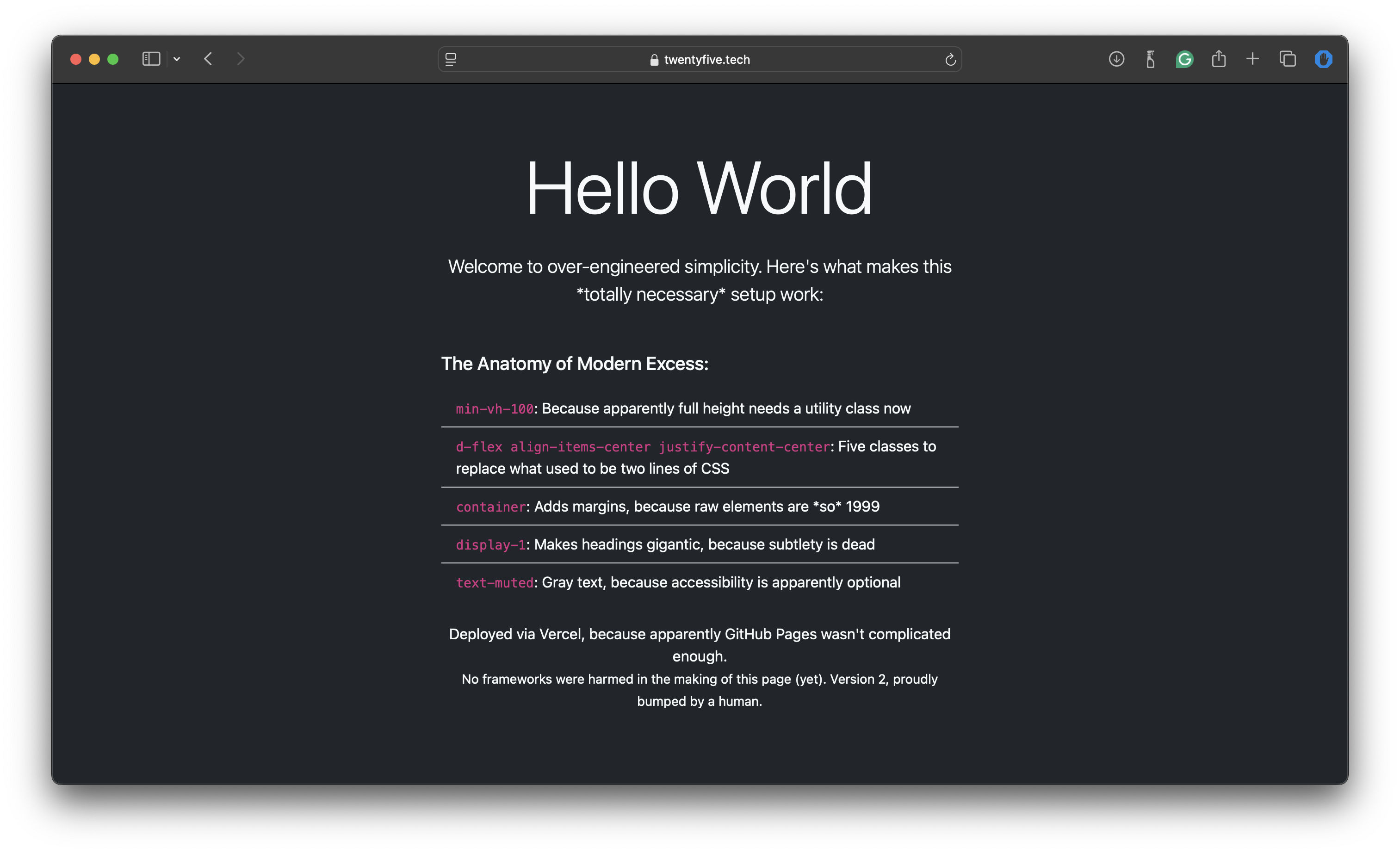 A trivial Hello World Vue.js page being hosted on Vercel